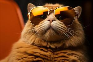 linda gato vistiendo Gafas de sol y relajante en naranja silla. generativo ai ilustración. foto