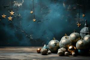 Christmas decoration on grunge decorative navy blue dark stucco wall. Gift boxes with copy space. Generative AI Illustration photo