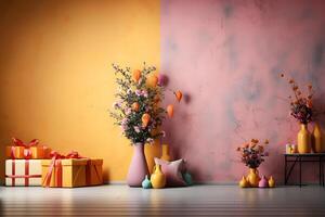 Christmas decoration on grunge decorative Pink pastel stucco wall. Gift boxes with copy space. Generative AI Illustration photo