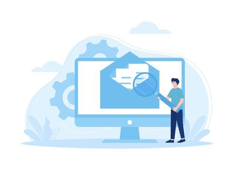 A man looking for a file with a magnifier on a computer screen concept flat illustration vector