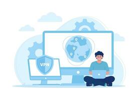 VPN service to protect data in computer and smartphone concept flat illustration vector