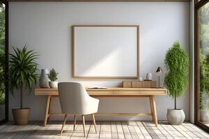 Add text on Minimal frame decoration on white wall. Interior minimal design and design space in room for wood furniture. Generative AI Illustration photo