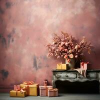 Christmas decoration on grunge decorative Pink pastel stucco wall. Gift boxes with copy space. Generative AI Illustration photo