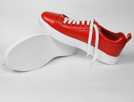 Red leather sneakers with white soles-3 photo