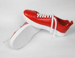 Red leather sneakers with white soles-2 photo