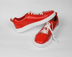 Red leather sneakers with white soles-4 photo