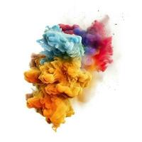 Colorful rainbow cloud explosion on white background. Multicolored powder explosion on white background. Generative AI illustration. photo