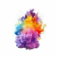 Colorful rainbow cloud explosion on white background. Multicolored powder explosion on white background. Generative AI illustration. photo