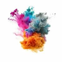Colorful rainbow cloud explosion on white background. Multicolored powder explosion on white background. Generative AI illustration. photo