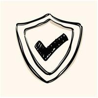 Shield icon with check mark in doodle sketch lines. Protection guard safety vector