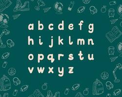 Back to school set of lowcases letters on green board. Education modern typeface. Stylized white isolated characters on chalkboard. Funky typeset in flat style. Suitable for school lettering design vector