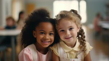 Two little girls are friends. Girls with black and white skin. School friends photo