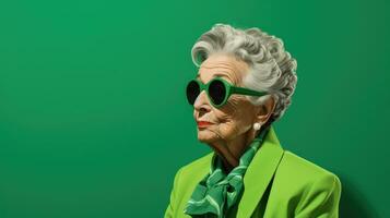 Stylish old lady in green clothes. Aged woman. Old model on a green background photo