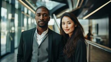 Asian woman and african man. Modern confident couple of employees photo