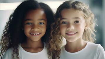 Two little girls are friends. Girls with black and white skin. School friends photo