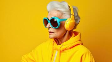 Stylish grandmother in a tracksuit. Healthy lifestyle in old age. Yellow background photo