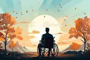 posterior ver de discapacitado hombre sentado en silla de ruedas en el parque foto