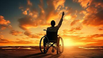 Silhouette of disabled man on wheelchair at the beach during sunset, Disable day photo