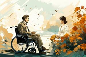 discapacitado hombre en un silla de ruedas con su amigo. foto