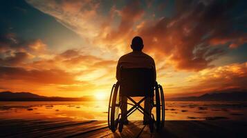 Silhouette of disabled man on wheelchair at the beach during sunset, Disable day photo