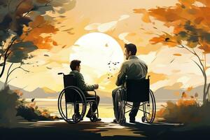 Disabled man in a wheelchair with his friend. photo