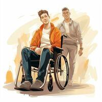 Disabled man in a wheelchair with his friend. photo