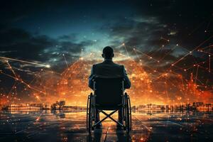 Back view of disabled man sitting in wheelchair and looking at abstract network hologram photo
