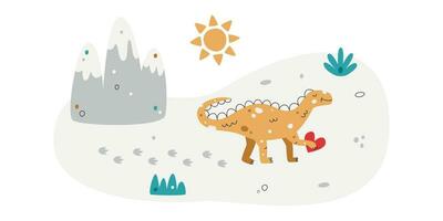 Flat hand drawn vector scene with dinosaur grass sun and mountains