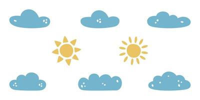 Flat hand drawn vector illustrations of clouds and suns