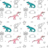 Vector seamless pattern with dinosaur and volcano