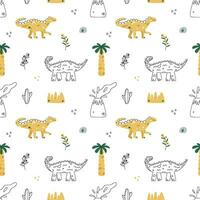 Vector seamless pattern with dinosaur flower palm rock grass