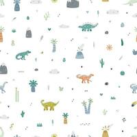 Vector seamless pattern with dinosaur, mountains, palm, grass, volcano and cactus