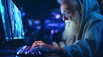 Old man playing on computer late at night in Modern computer club. photo