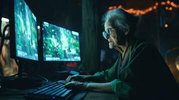 Elderly professional gamer playing online games computer photo