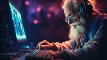 Old man playing on computer late at night in Modern computer club. photo