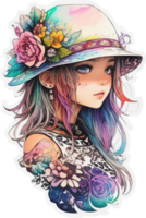 Beauty Girl Wearing Flower Hat Sticker AI Generative png