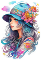 Beauty Girl Wearing Flower Hat Illustration with AI Generative png