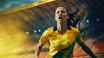 un hermosa hembra fútbol americano jugador en un amarillo verde uniforme en el estadio. foto