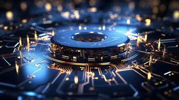 a computer circuit board with glowing lights. photo