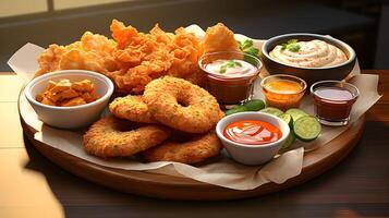 a tray of food on a table with dips and sauces. photo