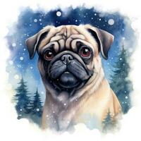 Cute dog watercolor portrait. Winter pug against the backdrop of night forest. Printable template for banners, posters, sublimation, T-shirts, tumblers, christmas and greeting cards. AI generated. photo