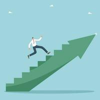 The ladder of success, the desire and motivation for high results, achieving goals and heights in work, using new opportunities for growth and business development, man runs along the arrow with steps vector