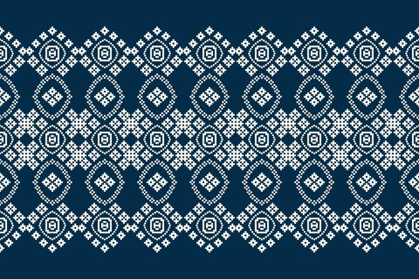 Ethnic geometric fabric pattern Cross Stitch.Ikat embroidery Ethnic oriental Pixel pattern blue background. Abstract,vector,illustration. Texture,clothing,frame,decoration,motifs,silk wallpaper.