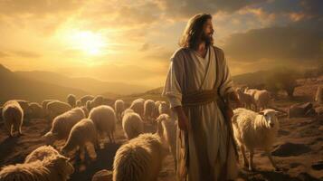 Jesus shepherding the sheep in evening sky photo