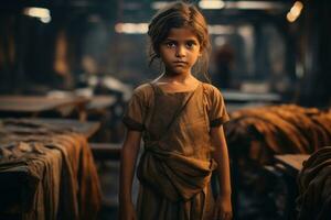 pequeño indio niña en industrial antecedentes foto