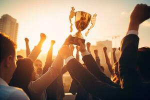 Business leader with winning cup photo