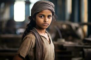 pequeño indio niña en industrial antecedentes foto