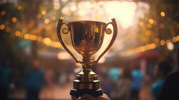 Trophy cup with gold confetti flying around people's hands holding it up photo