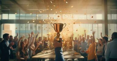 Trophy cup with gold confetti flying around people's hands holding it up photo