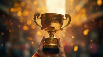 Trophy cup with gold confetti flying around people's hands holding it up photo